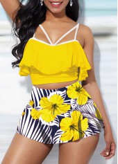 Yellow swimwear,Floral swimwear,ROTITA High Waisted Ruffle Overlay Floral Print Bikini Set