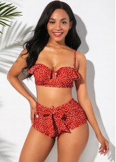 Red swimwear,Dot swimwear,ROTITA Ruffle Trim Polka Dot Bowknot Bikini Set