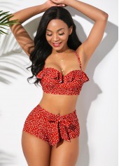 ROTITA Ruffle Trim Polka Dot Bowknot Bikini Set