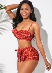 Red swimwear,Dot swimwear,ROTITA Ruffle Trim Polka Dot Bowknot Bikini Set