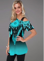 Cyan tops,Floral tops,ROTITA Tribal Print Gradient Short Sleeve T Shirt