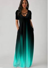 ROTITA Side Pocket Mint Green Gradient Short Sleeve Maxi Dress