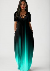 Mint Green dresses,Ombre dresses,ROTITA Side Pocket Mint Green Gradient Short Sleeve Maxi Dress
