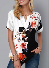 ROTITA Split Neck Floral Print Short Sleeve Blouse