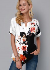 Multi Color tops,Floral tops,ROTITA Split Neck Floral Print Short Sleeve Blouse