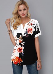 Multi Color tops,Floral tops,ROTITA Split Neck Floral Print Short Sleeve Blouse