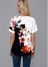 Multi Color tops,Floral tops,ROTITA Split Neck Floral Print Short Sleeve Blouse