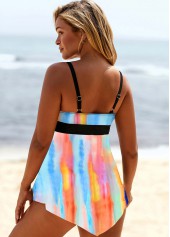 Multi Color swimwear,Striped swimwear,ROTITA Asymmetric Hem Tie Front Printed Swimdress Top