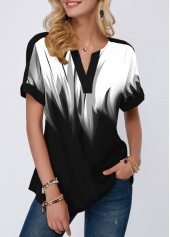 ROTITA Split Neck Gradient Short Sleeve Blouse