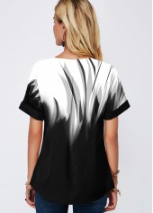 Black tops,Floral tops,ROTITA Split Neck Gradient Short Sleeve Blouse