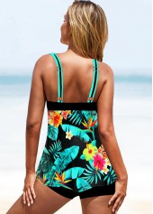 Green swimwear,Plants swimwear,ROTITA Tropical Print Bowknot Double Strap Tankini Top