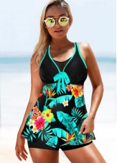 Green swimwear,Plants swimwear,ROTITA Tropical Print Bowknot Double Strap Tankini Top