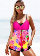 Hot Pink swimwear,Floral swimwear,ROTITA Plus Size Floral Print Wide Strap Takini Set