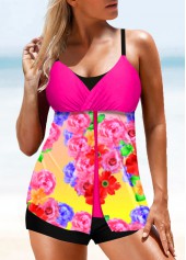 Hot Pink swimwear,Floral swimwear,ROTITA Plus Size Floral Print Wide Strap Takini Set