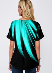 Mint Green tops,Floral tops,ROTITA Rainbow Color Split Neck Printed Mint Green Blouse