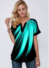 Mint Green tops,Floral tops,ROTITA Rainbow Color Split Neck Printed Mint Green Blouse