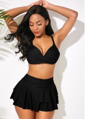 Black swimwear,Plain Color swimwear,ROTITA Spaghetti Strap High Waisted Ruffle Hem Bikini Set
