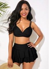 Black swimwear,Plain Color swimwear,ROTITA Spaghetti Strap High Waisted Ruffle Hem Bikini Set