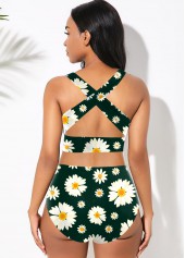 Blackish Green swimwear,Floral swimwear,ROTITA Daisy Print High Waisted Bowknot Bikini Set
