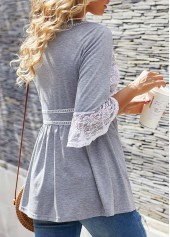 Light Grey Marl tops,Contrast Color tops,ROTITA Lace Panel Flare Cuff Button Up T Shirt