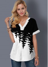 Multi Color tops,Floral tops,ROTITA Printed Color Block Split Neck Blouse