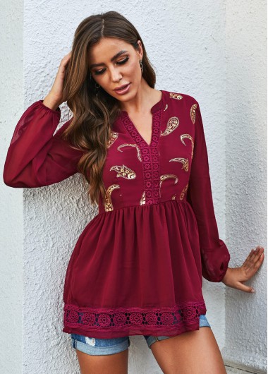 Wine Red tops,Floral tops,ROTITA Boho Vibe Paisley Lantern Sleeve Lace Stitching Blouse