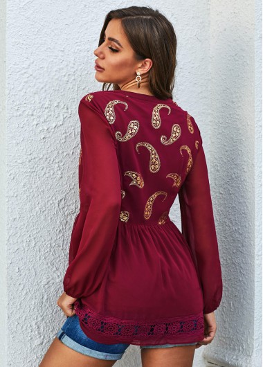 Wine Red tops,Floral tops,ROTITA Boho Vibe Paisley Lantern Sleeve Lace Stitching Blouse