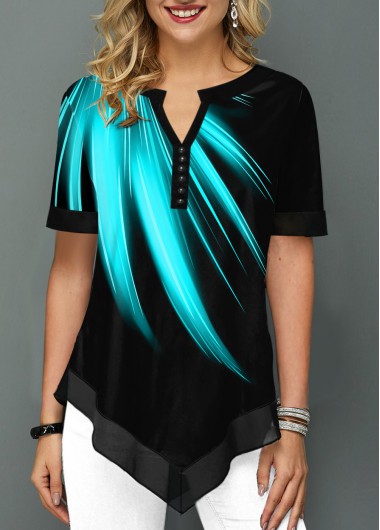 Black tops,Floral tops,ROTITA Asymmetric Hem Split Neck Printed Mint Green Blouse