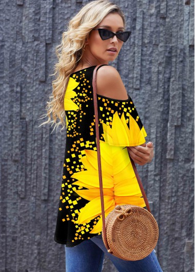 Orange tops,Floral tops,ROTITA Sunflower Print Round Neck Cold Shoulder T Shirt