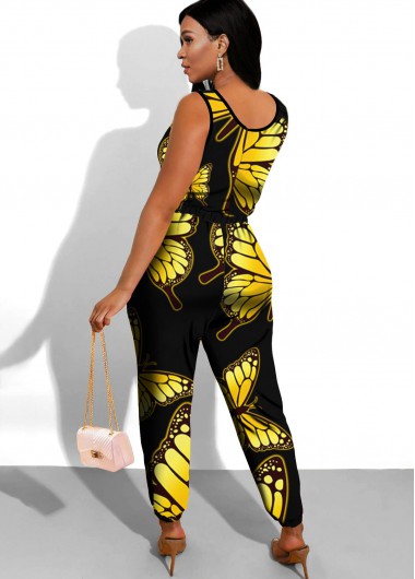 Black jumpsuits & rompers,Animal Print jumpsuits & rompers,ROTITA Butterfly Print Black Side Pocket Jumpsuit