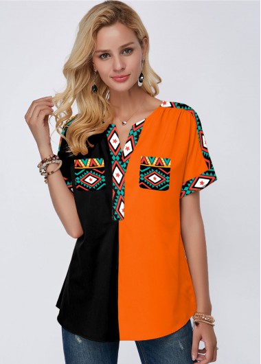 Multi Color tops,Floral tops,ROTITA Color Block Short Sleeve Tribal Print Blouse
