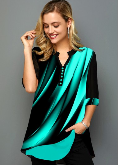 Cyan tops,Floral tops,ROTITA Printed Three Quarter Sleeve Spaghetti Strap Blouse