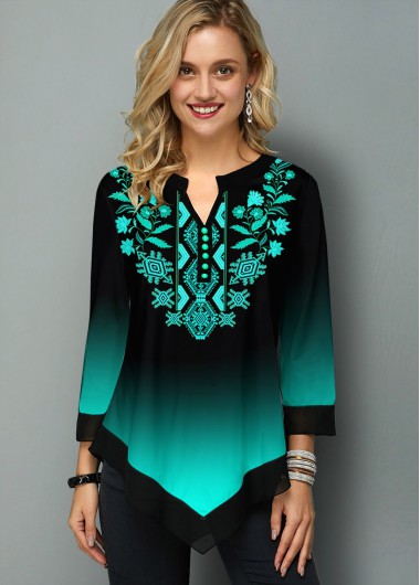 Rotita Tribal Print Asymmetric Hem Gradient Blouse