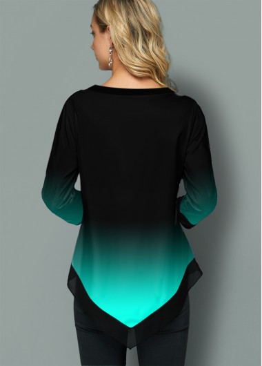 Cyan tops,Floral tops,ROTITA Tribal Print Asymmetric Hem Gradient Blouse