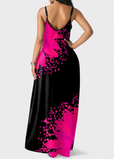 Hot Pink dresses,Floral dresses,ROTITA Spaghetti Strap Sunflower Print Side Pocket Dress