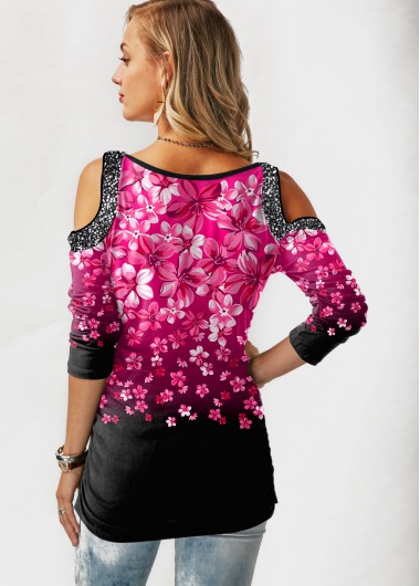Hot Pink tops,Floral tops,ROTITA Gradient Cold Shoulder Floral Print T Shirt