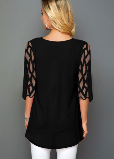 Black tops,Floral tops,ROTITA Floral Print Round Neck Mesh Panel T Shirt