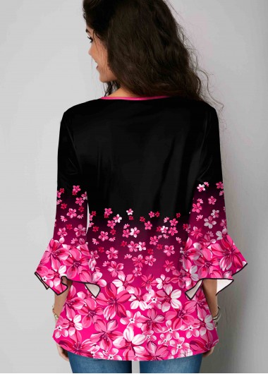 Hot Pink tops,Floral tops,ROTITA Hanky Cuff Floral Print Gradient Blouse