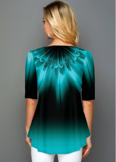 Cyan tops,Floral tops,ROTITA Gradient Button Detail Tribal Print T Shirt