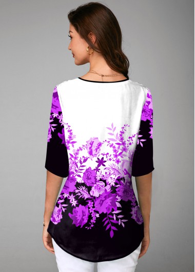 Purple tops,Floral tops,ROTITA Split Neck Floral Print Half Sleeve Blouse