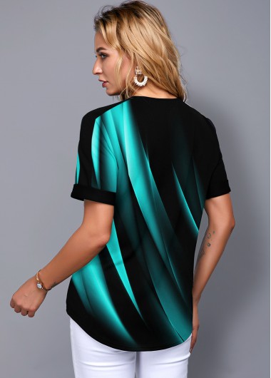 Cyan tops,Floral tops,ROTITA Printed Split Neck Short Sleeve Gradient Blouse