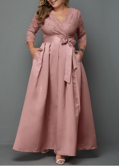 high waist belted lace panel maxi dress