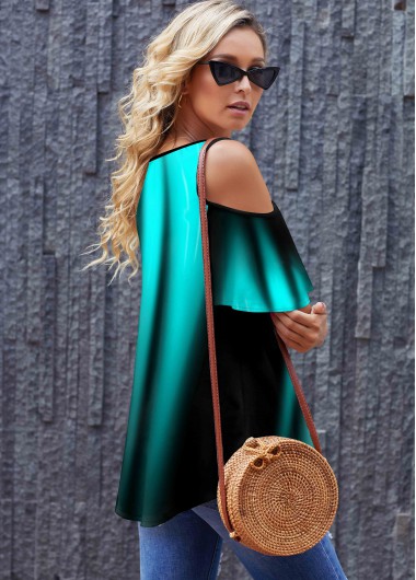 Blue tops,Floral tops,ROTITA Printed Cold Shoulder Round Neck T Shirt