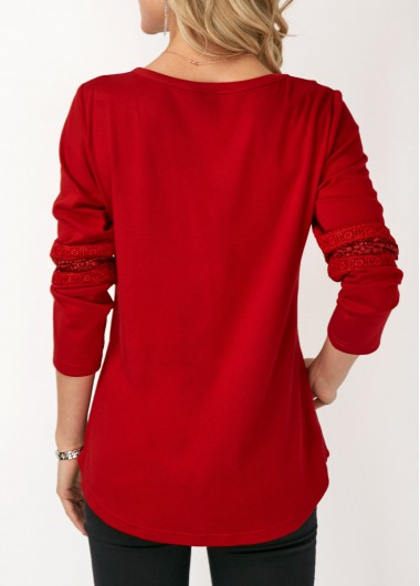 Red tops,Plain Color tops,ROTITA Lace Panel Long Sleeve Round Neck T Shirt