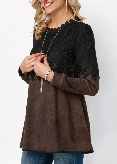 Dark Coffee tops,Contrast Color tops,ROTITA Lace Panel Long Sleeve Round Neck T Shirt