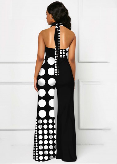 Black jumpsuits & rompers,Dot jumpsuits & rompers,ROTITA Cross Halter Polka Dot Black Jumpsuit