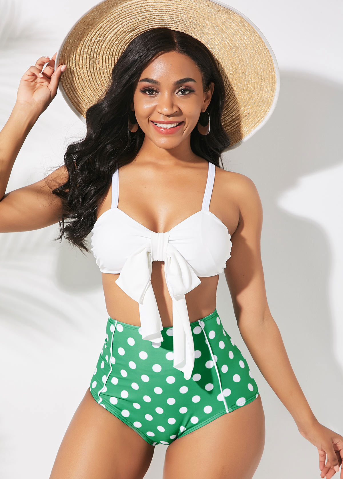ROTITA High Waist Bowknot Detail Polka Dot Print Bikini Set
