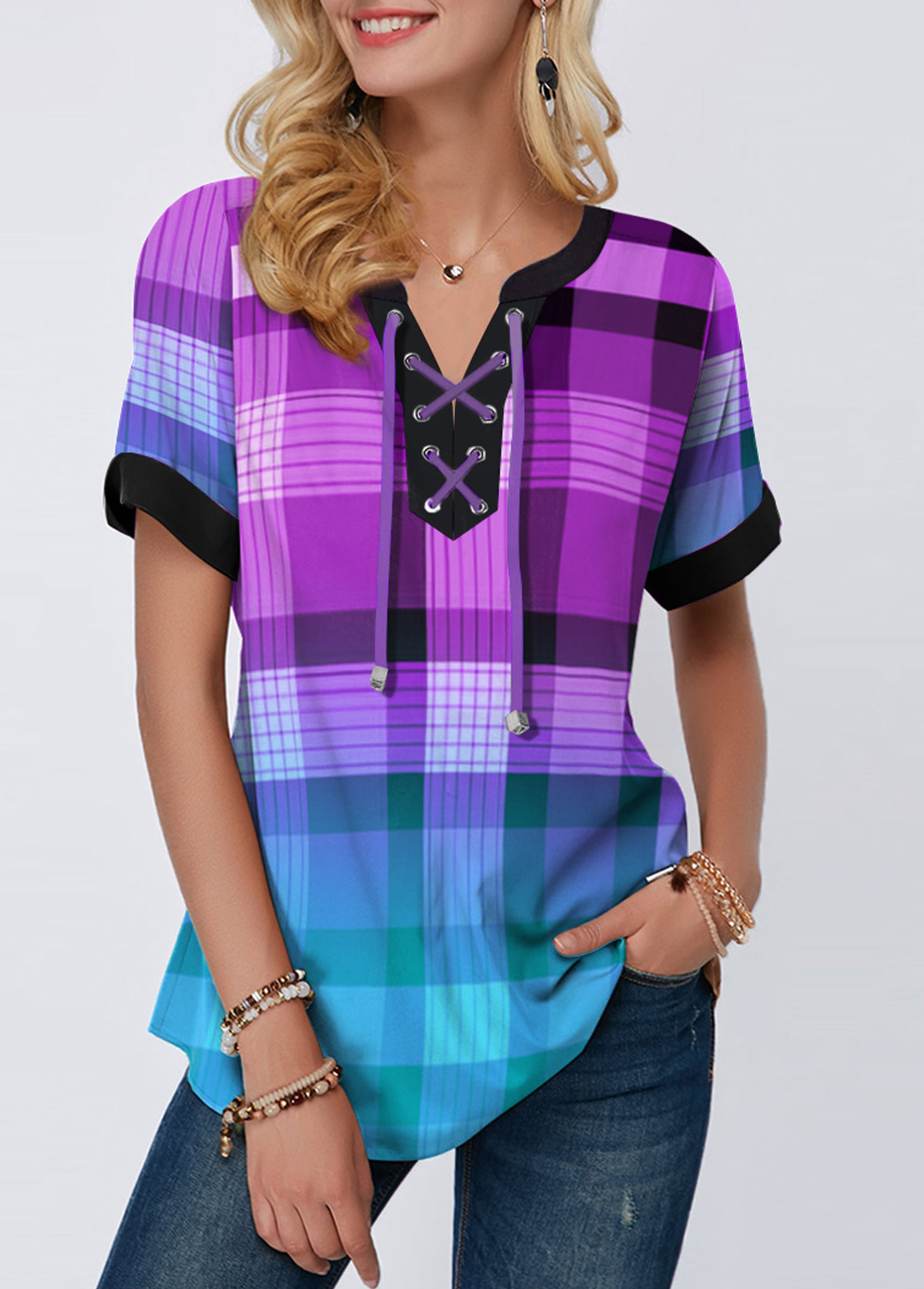 Purple tops,Plaid tops,ROTITA Short Sleeve Plaid Print Lace Up Blouse