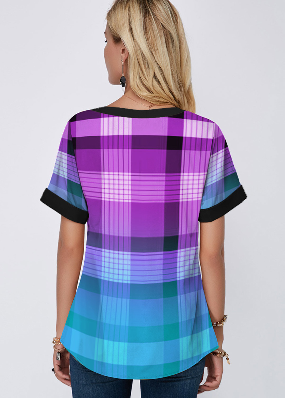 Purple tops,Plaid tops,ROTITA Short Sleeve Plaid Print Lace Up Blouse