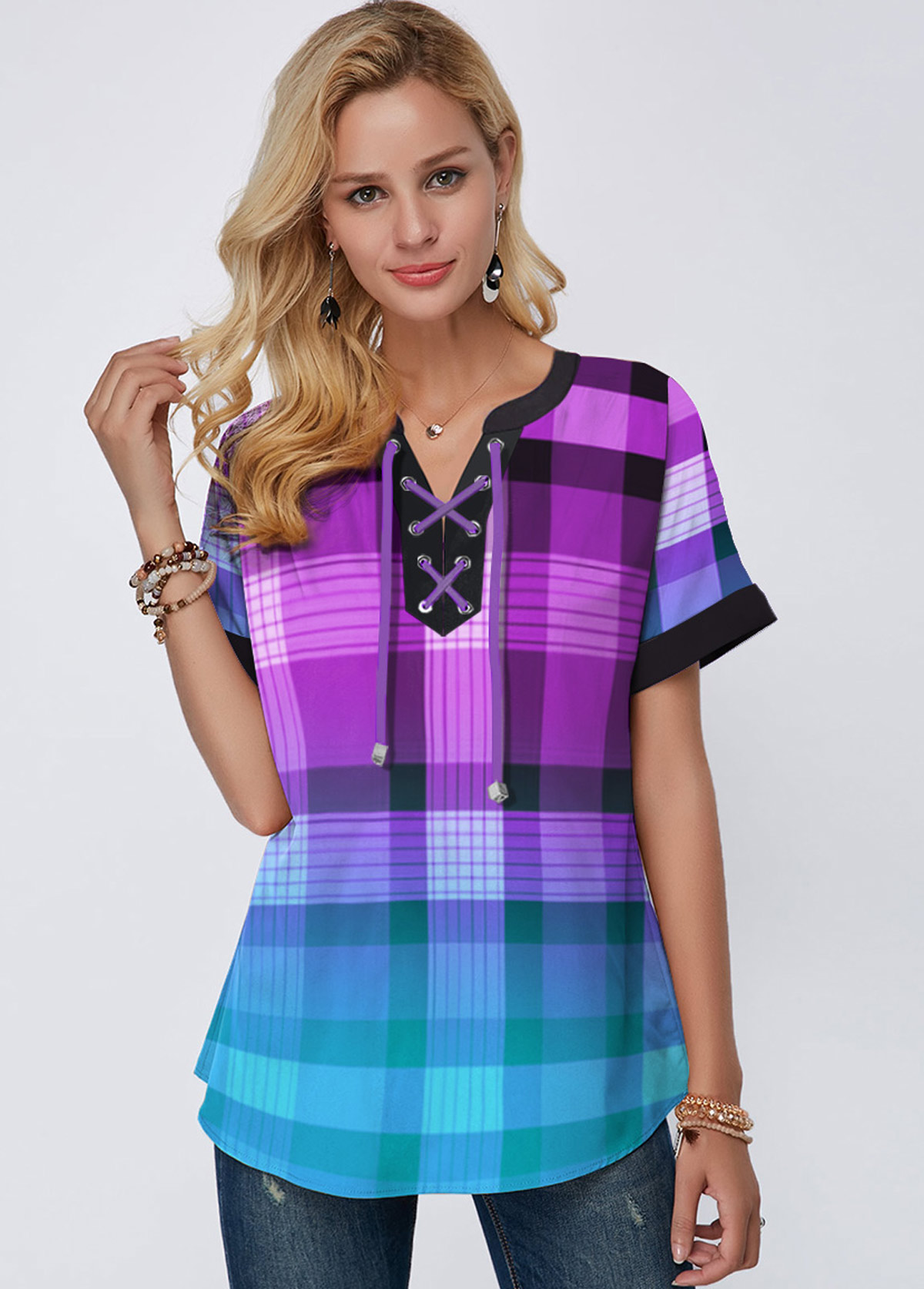Purple tops,Plaid tops,ROTITA Short Sleeve Plaid Print Lace Up Blouse